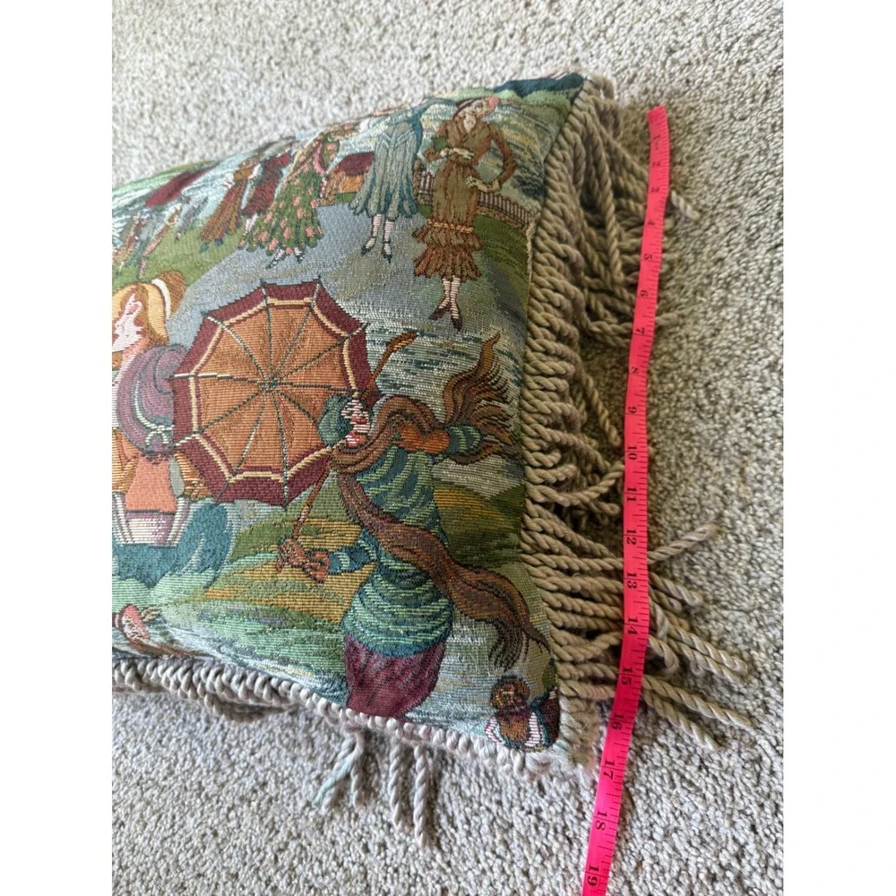 Vintage Victorian Tapestry Throw‎ Pillow with Fringe Ladies in Garden Scene